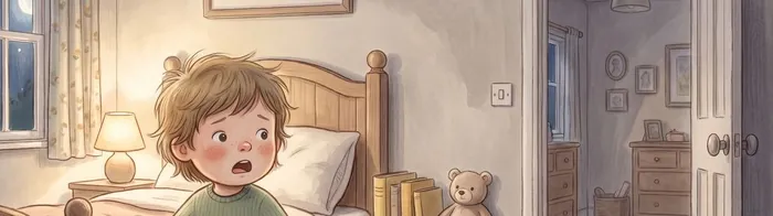 Illustration of a wide-awake child sitting up in bed at night, lamp lit.