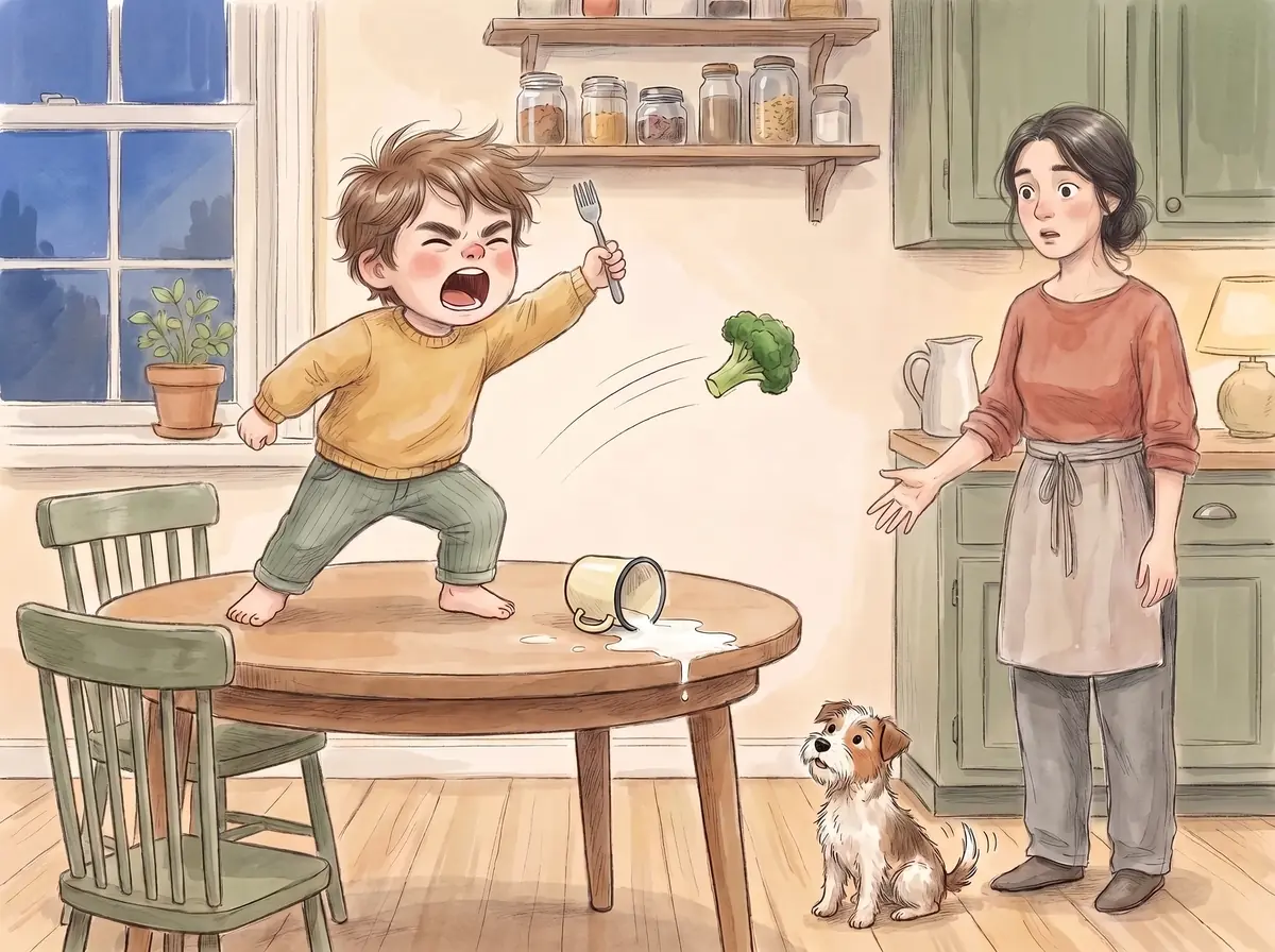 The boy standing up on the table mid-yell with a fork held aloft like a sword, a broccoli floret in flight, a cup of milk tipping over the edge, the dog delighted underneath, his mother frozen mid-reach.